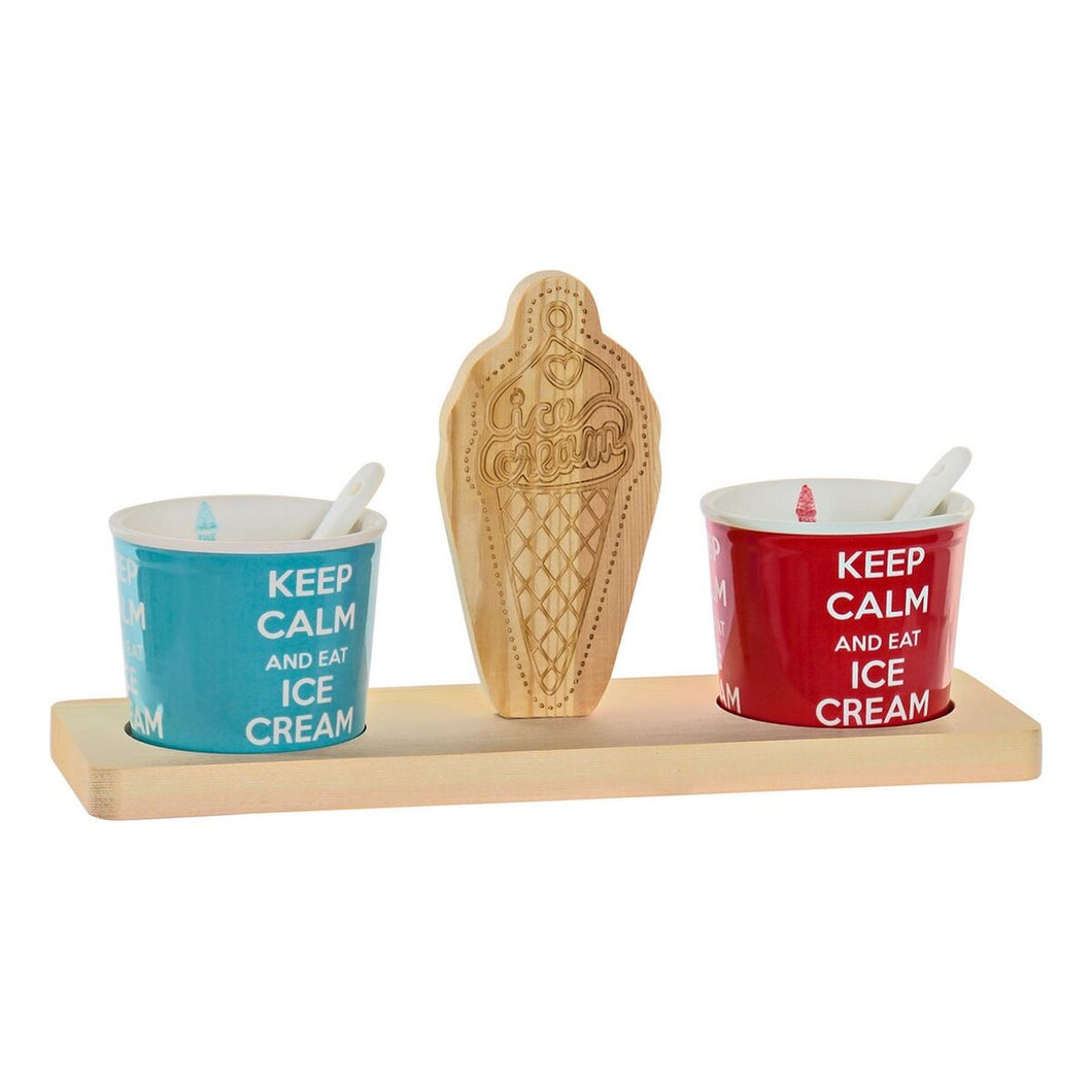 5-teiliges Set Eisbecher Keep Calm aus Porzellan mit Träger aus Holz